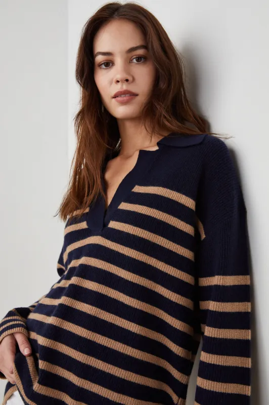 HARRIS SWEATER - CAMEL NAVY STRIPE sold by Rails