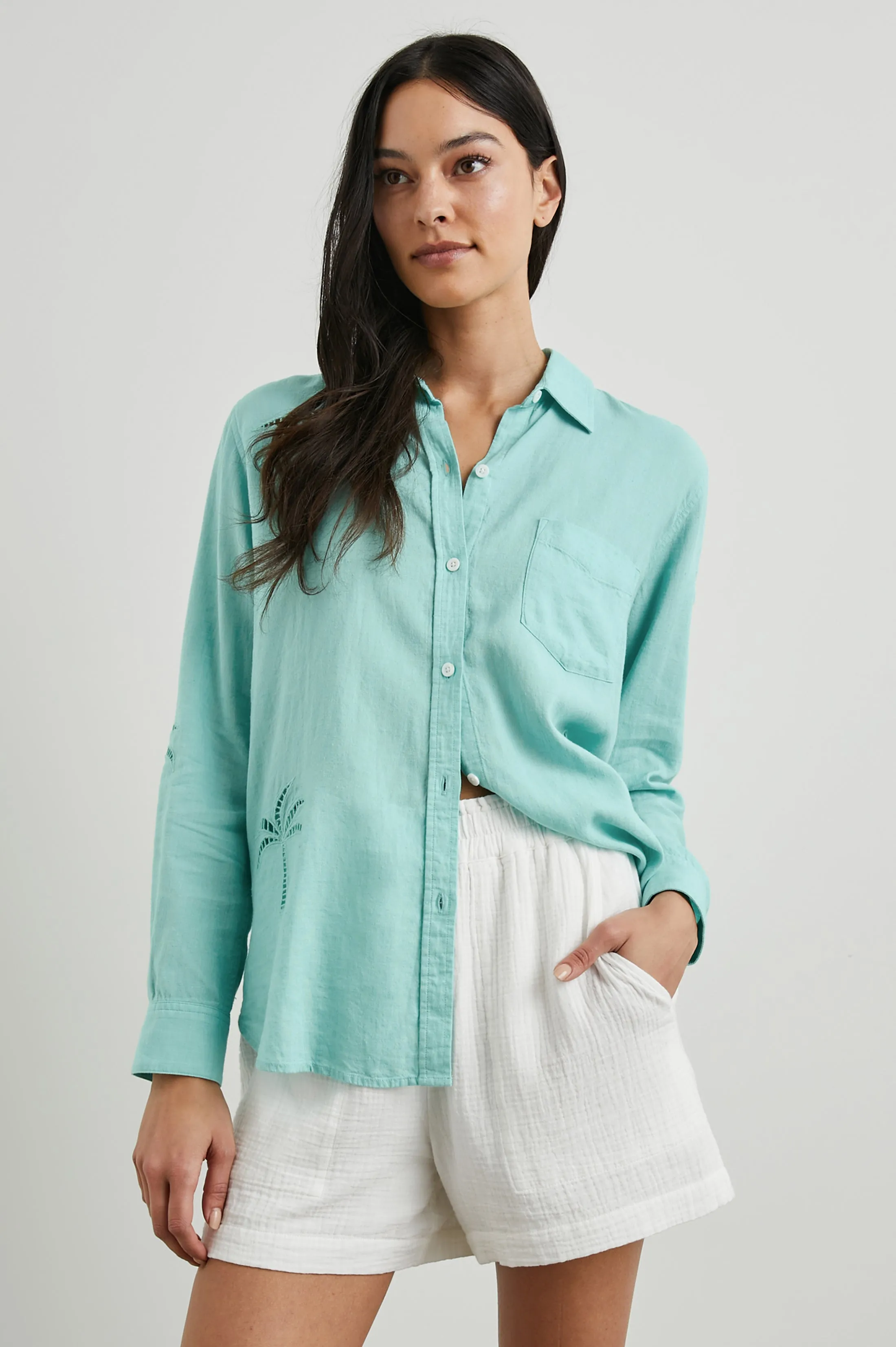 CHARLI SHIRT - AQUA PALM TREE EYELET sold by Rails