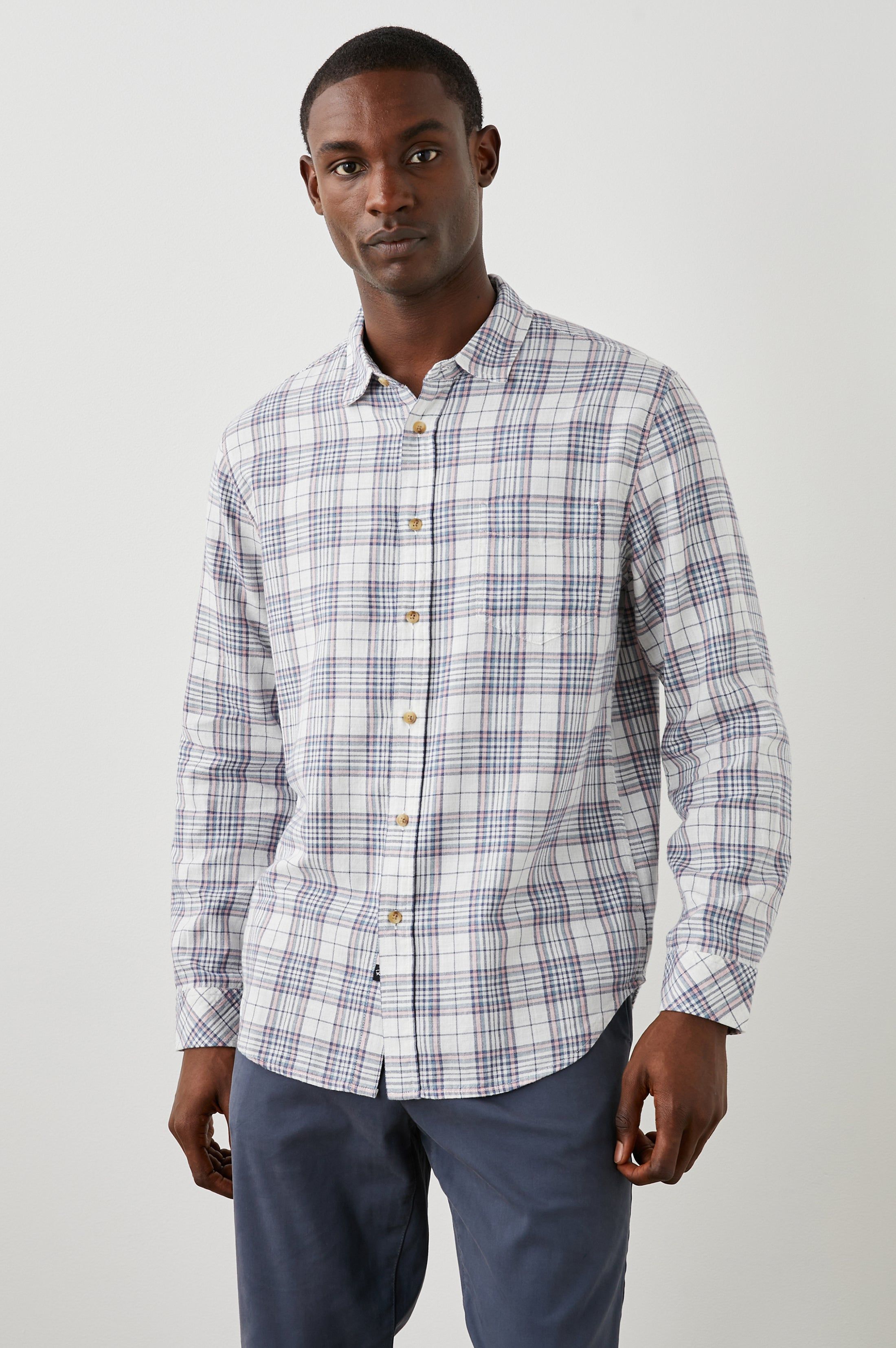 WYATT SHIRT - MELON NAVY WHITE MELANGE sold by Rails