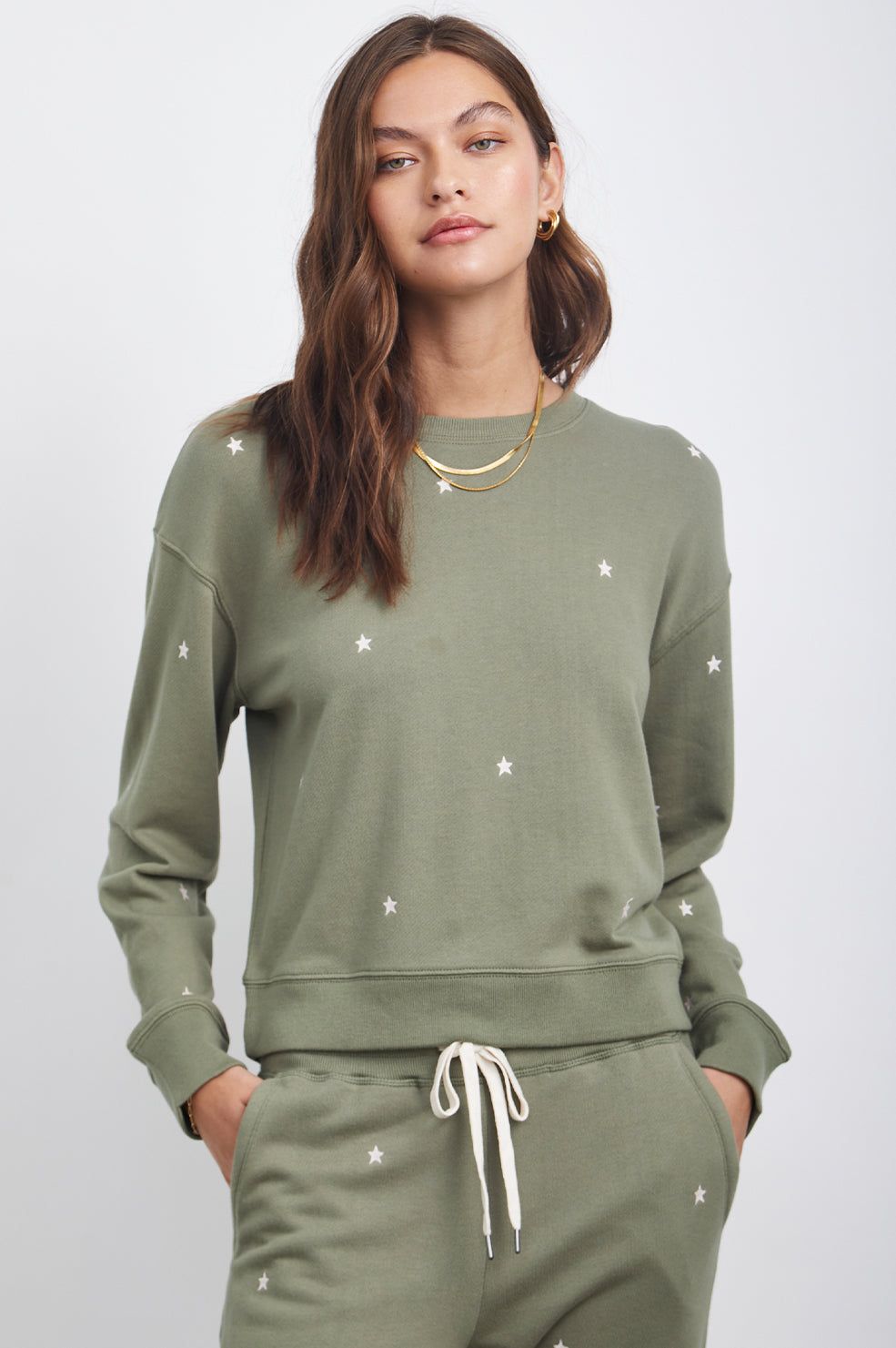 RAMONA SWEATSHIRT - OLIVE EMBROIDERED IVORY STARS sold by Rails