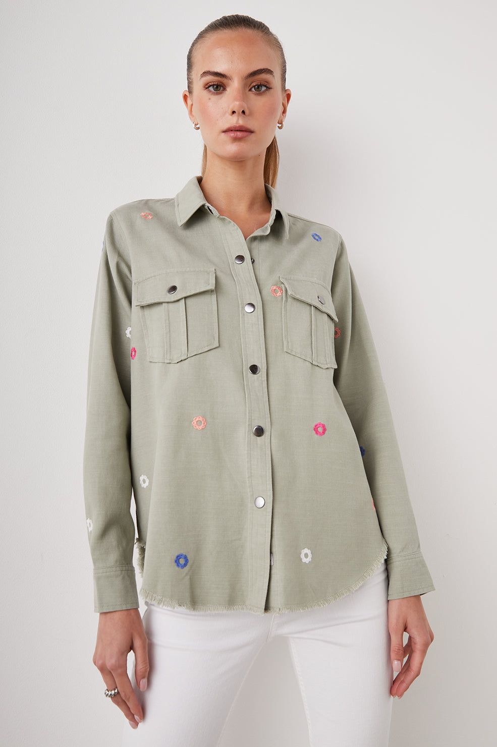 LOREN SHIRT JACKET - OLIVE EMBROIDERED DAISIES sold by Rails