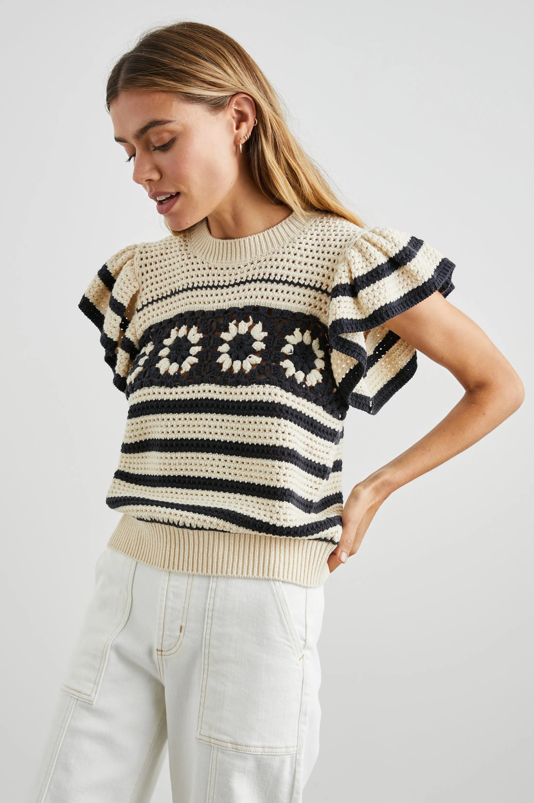 PENELOPE TOP - OAT NAVY CROCHET STRIPE sold by Rails product image thumbnail 4