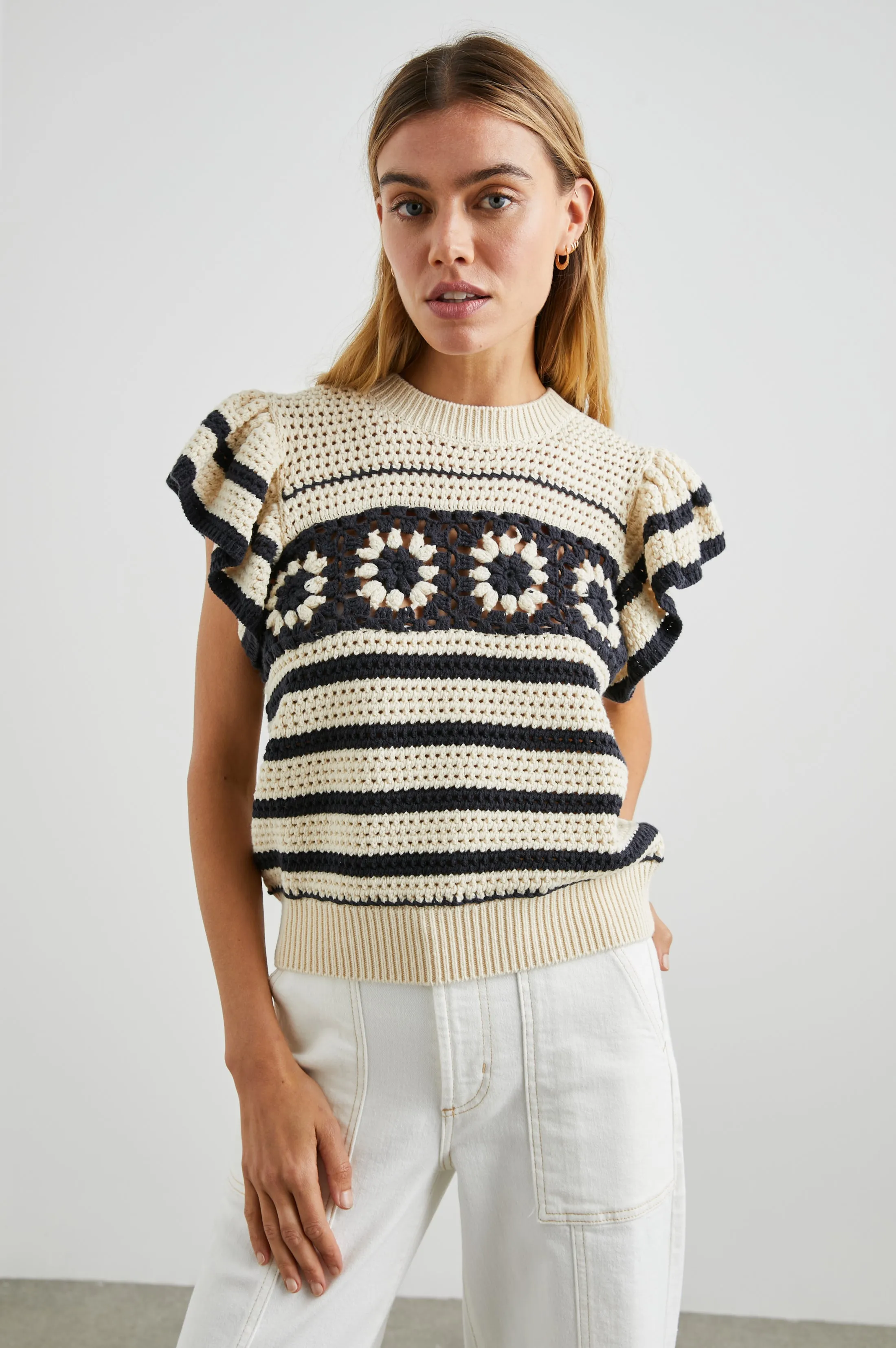 PENELOPE TOP - OAT NAVY CROCHET STRIPE sold by Rails