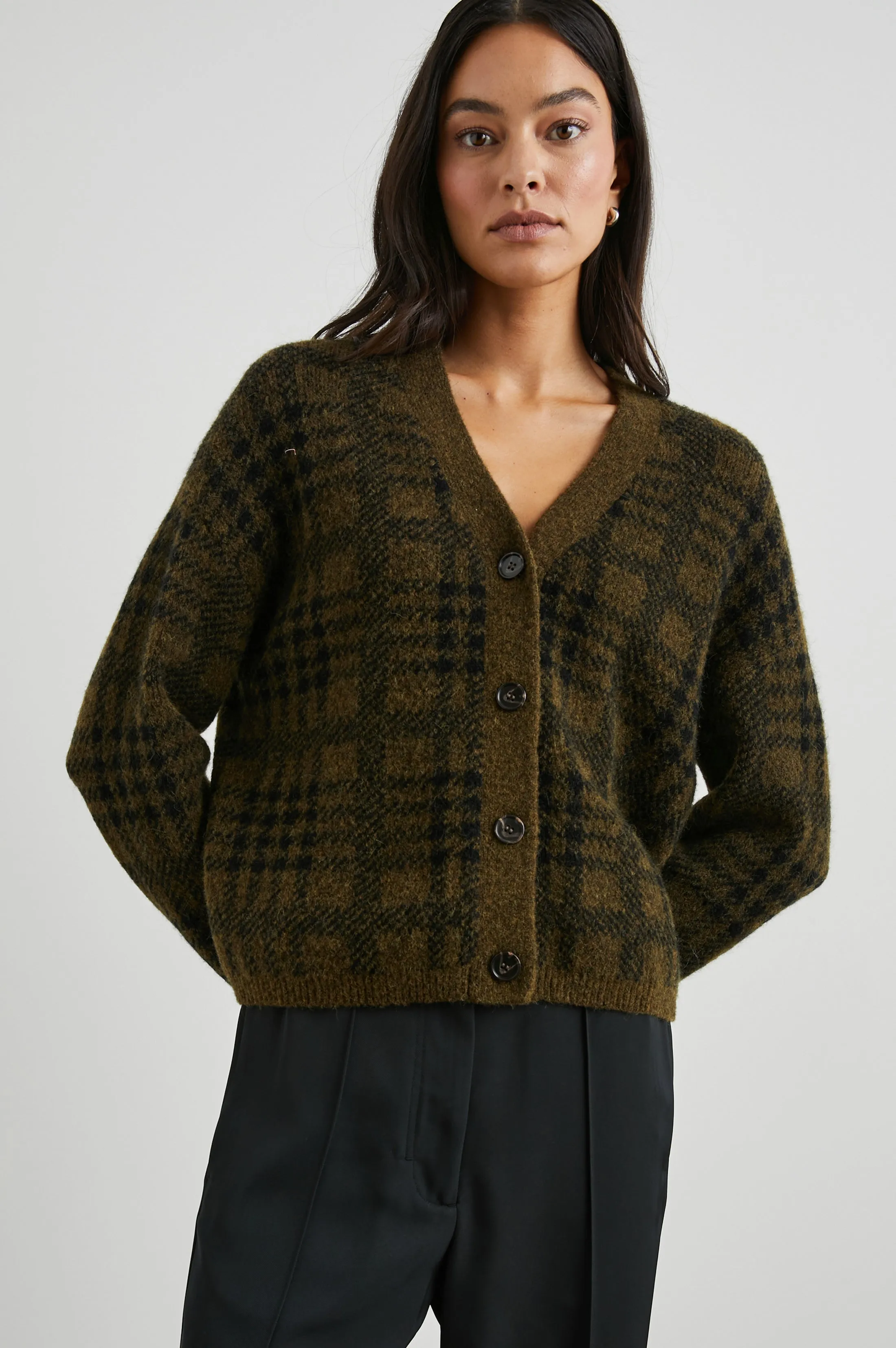 REESE CARDIGAN - OLIVE PLAID sold by Rails
