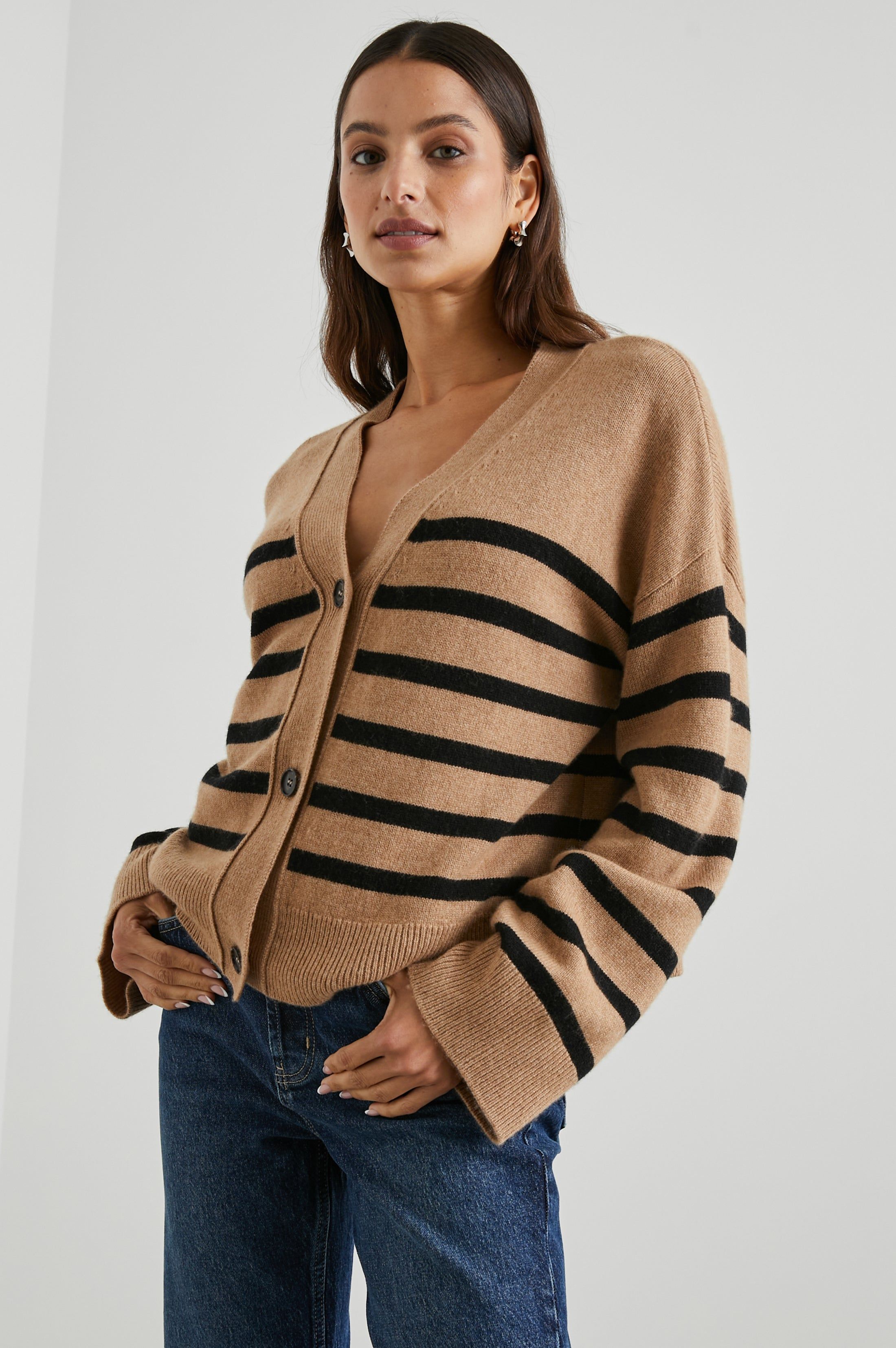 GENEVA CARDIGAN - CAMEL BLACK STRIPE sold by Rails