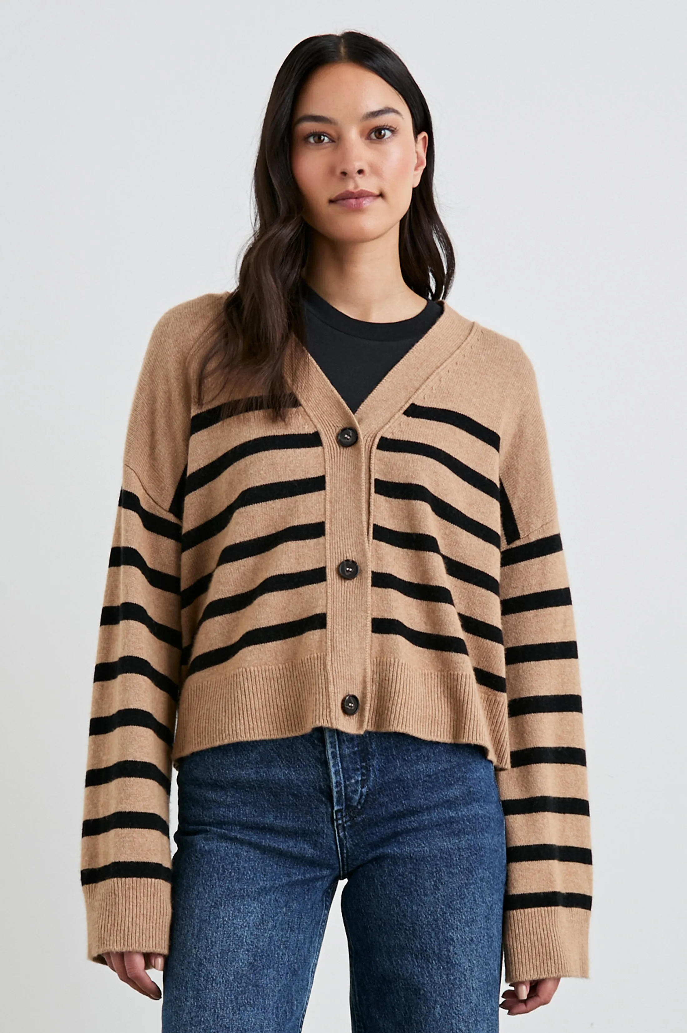 GENEVA CARDIGAN - CAMEL BLACK STRIPE sold by Rails