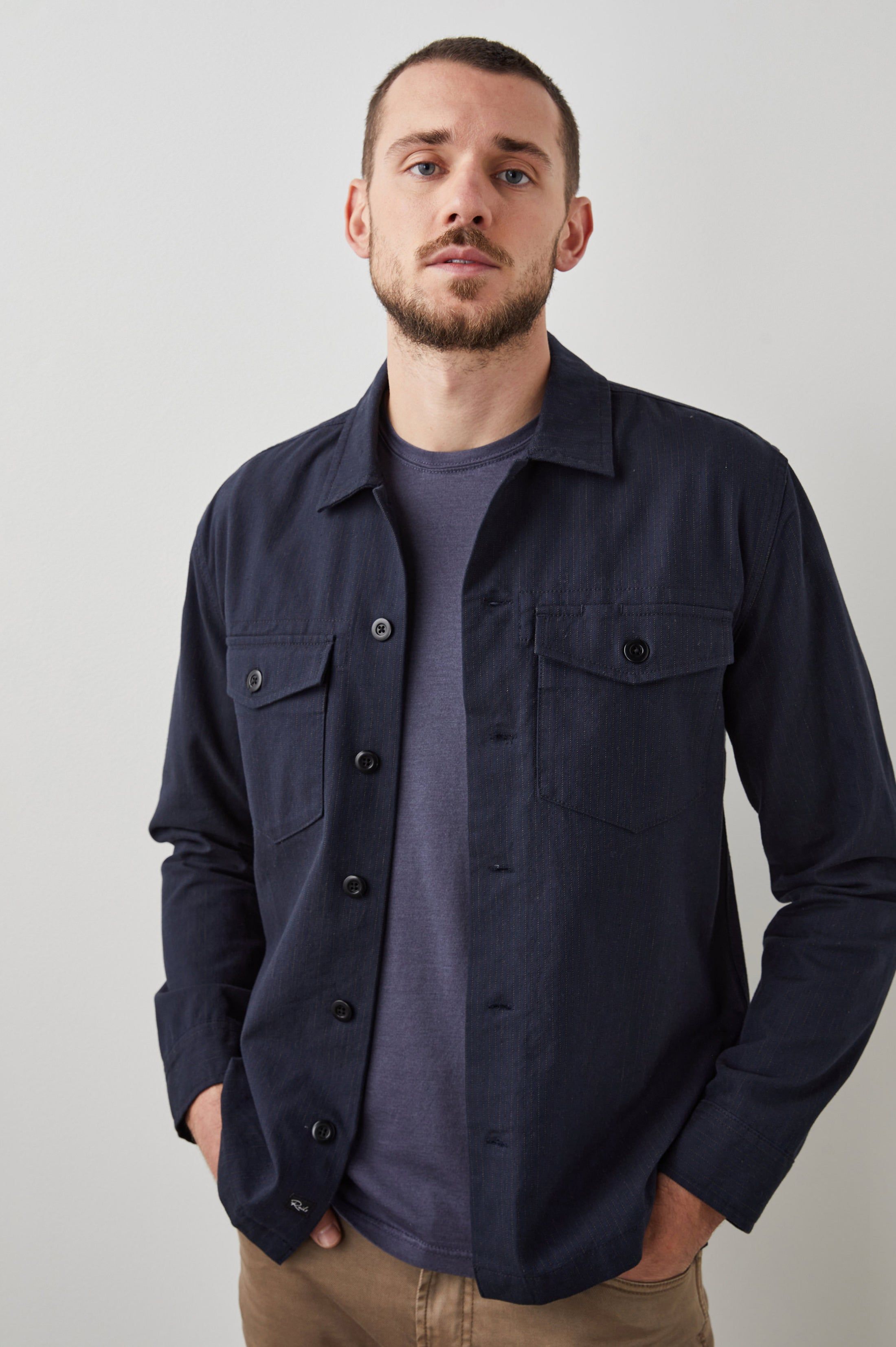 KEROUAC SHIRT JACKET - NAVY CHARCOAL PIN STRIPE sold by Rails