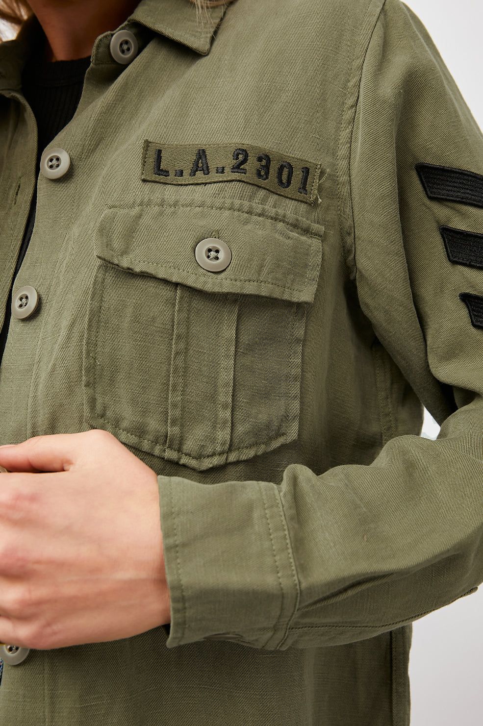 LOREN SHIRT JACKET - OLIVE BLACK MILITARY SATIN PATCHES sold by Rails product image thumbnail 2