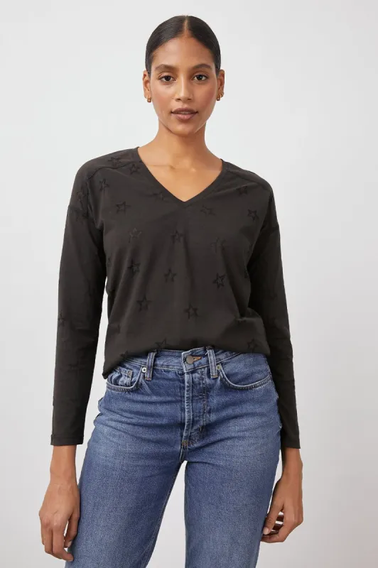 THE SAMI LONG SLEEVE V T-SHIRT - BLACK STARS BURNOUT sold by Rails