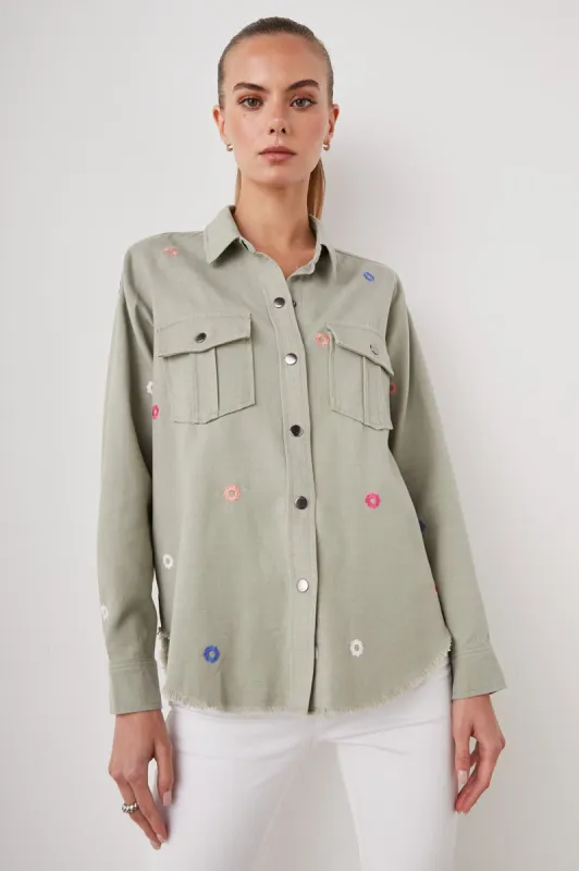 LOREN SHIRT JACKET - OLIVE EMBROIDERED DAISIES sold by Rails