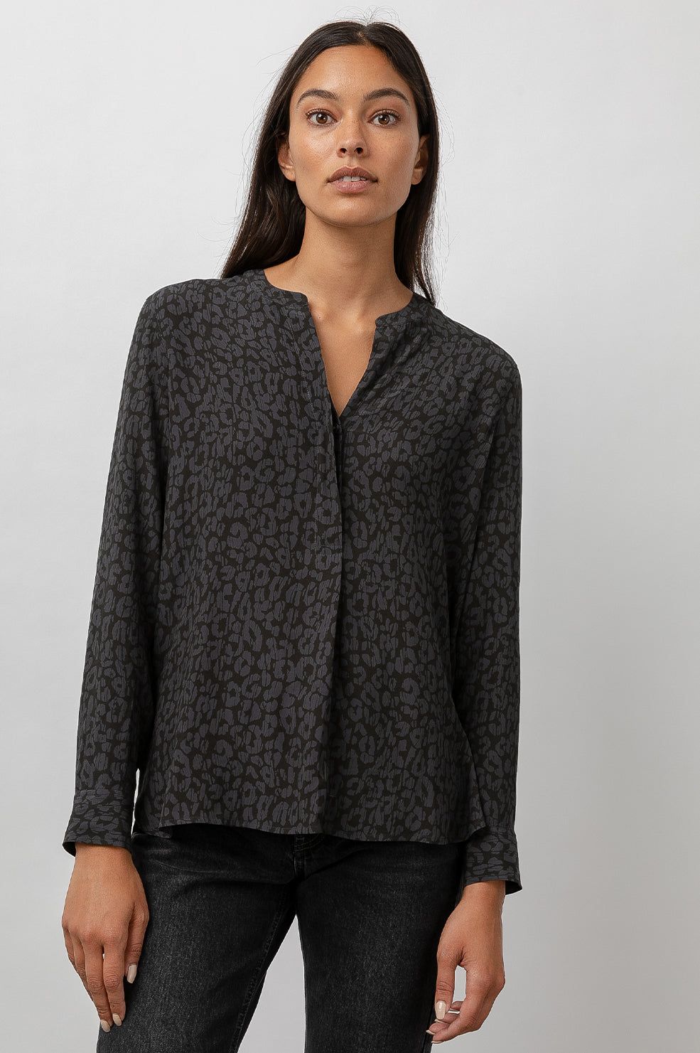 PEARL TOP - CHARCOAL BATIK CHEETAH sold by Rails