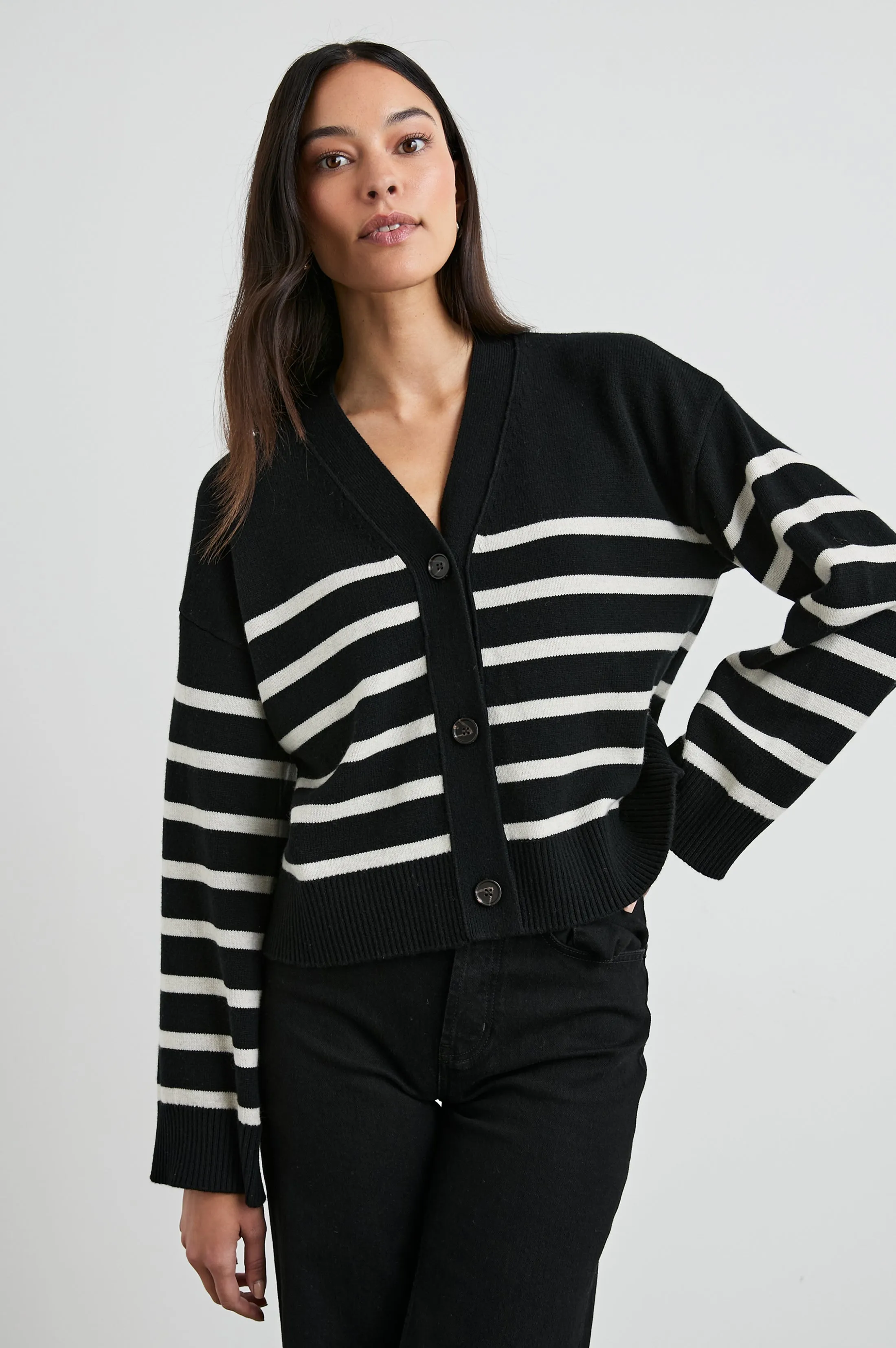 GENEVA CARDIGAN - BLACK OATMEAL STRIPES sold by Rails
