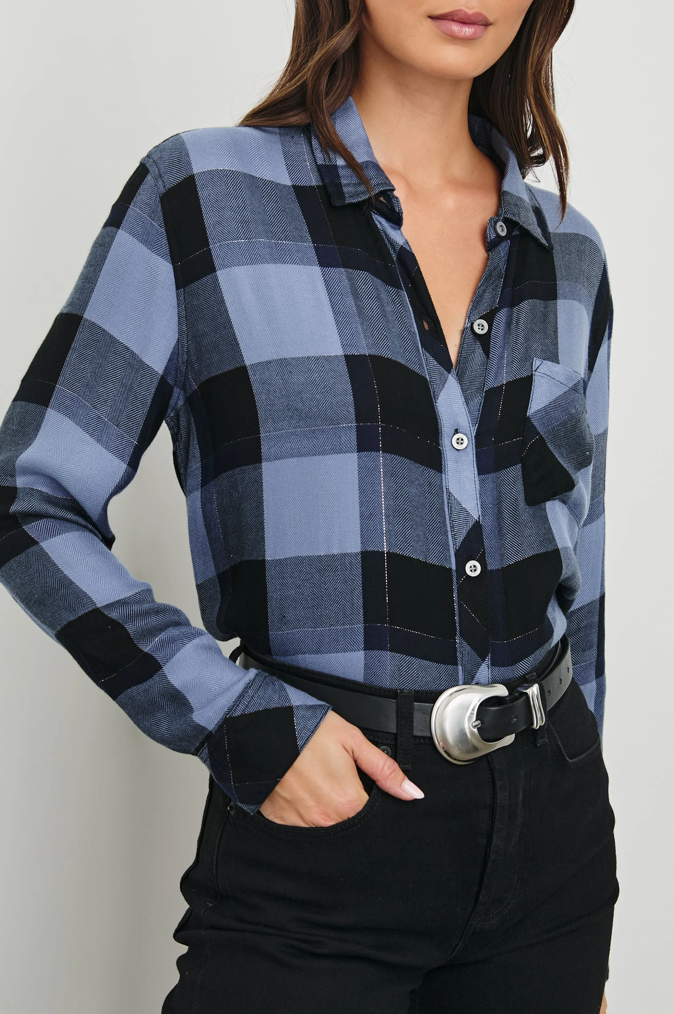 HUNTER SHIRT - PERIWINKLE NAVY SILVER LUREX sold by Rails