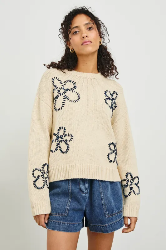 ZOEY SWEATER - IVORY NAVY STITCHED DAISES sold by Rails