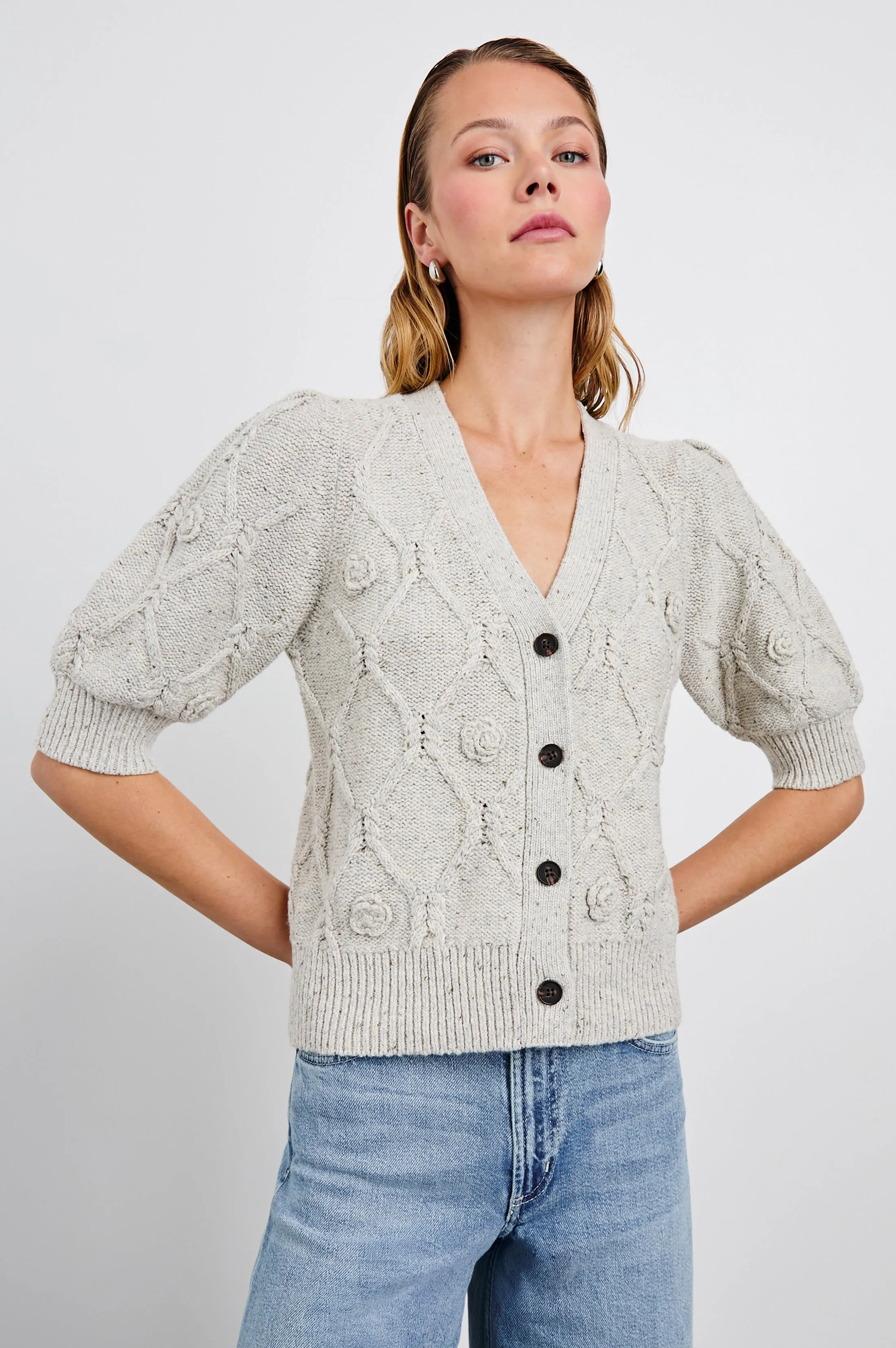 ISLA CARDIGAN - GREY WITH CROCHET DAISIES sold by Rails
