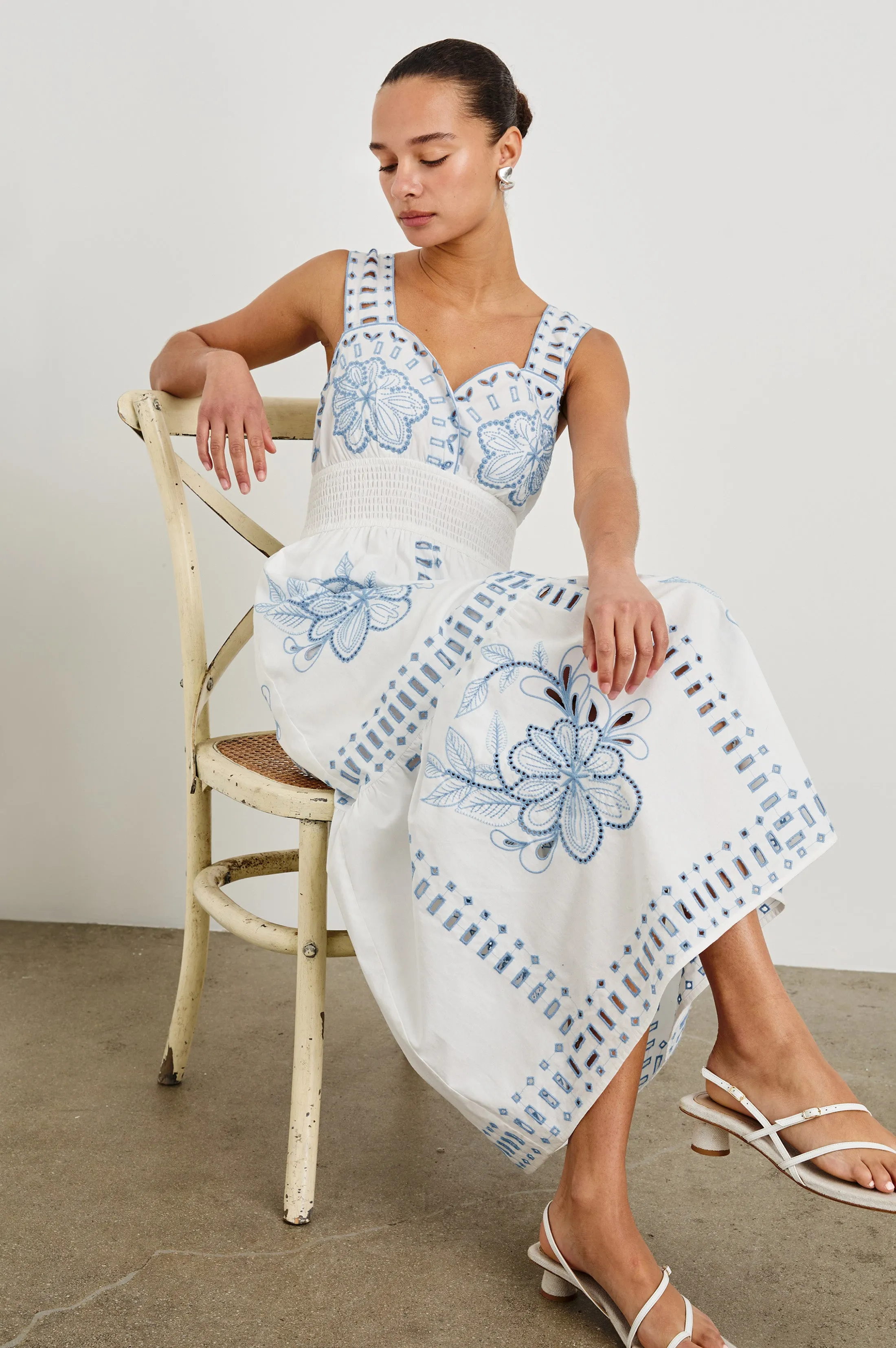 FAWN DRESS - WHITE BLUE EMBROIDERY sold by Rails