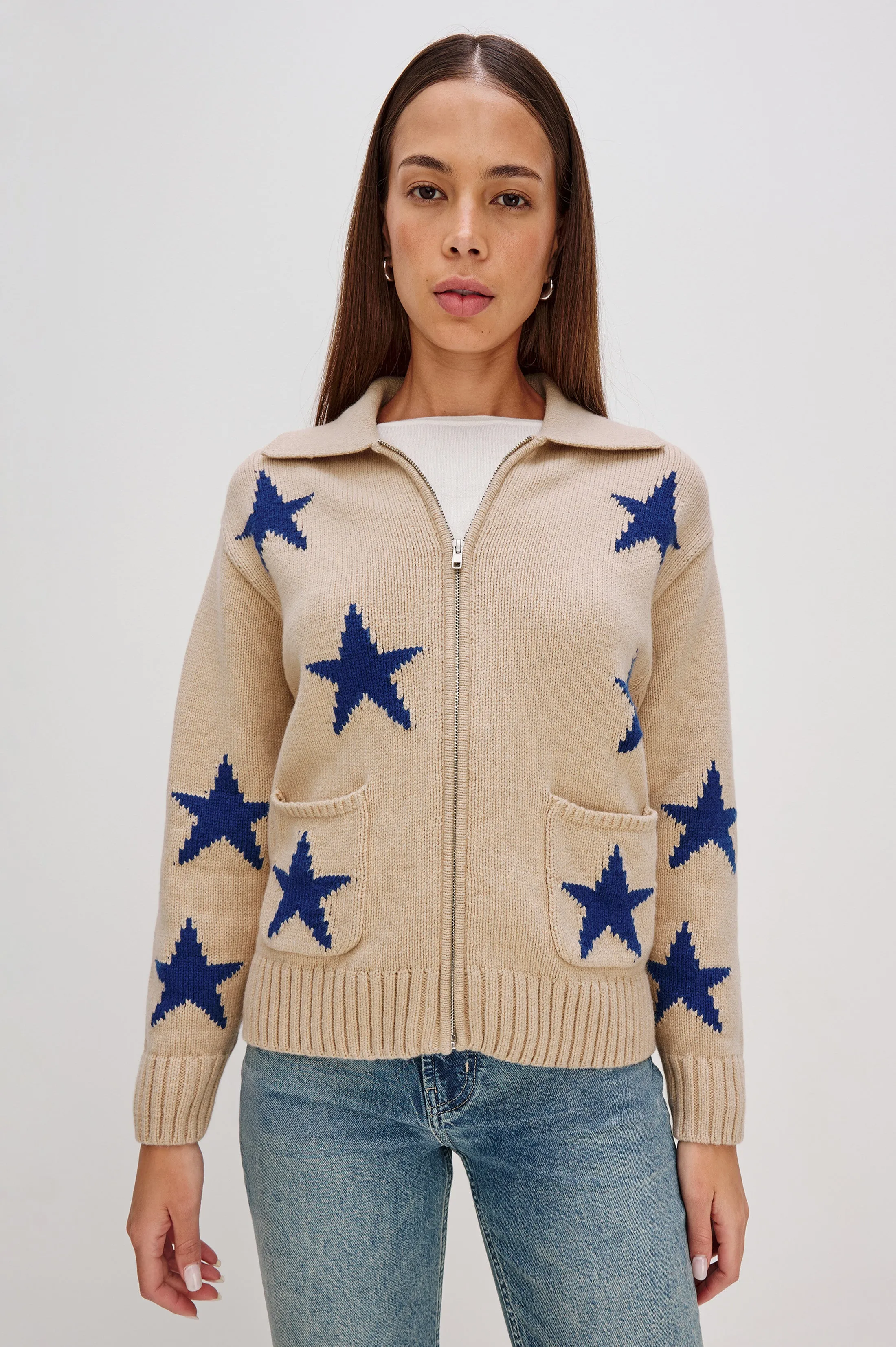 RHEA SWEATER - CAMEL COBALT STARS sold by Rails