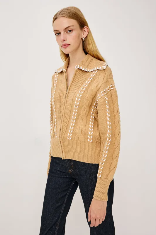 LUNE SWEATER - CAMEL IVORY BLANKET STITCH sold by Rails