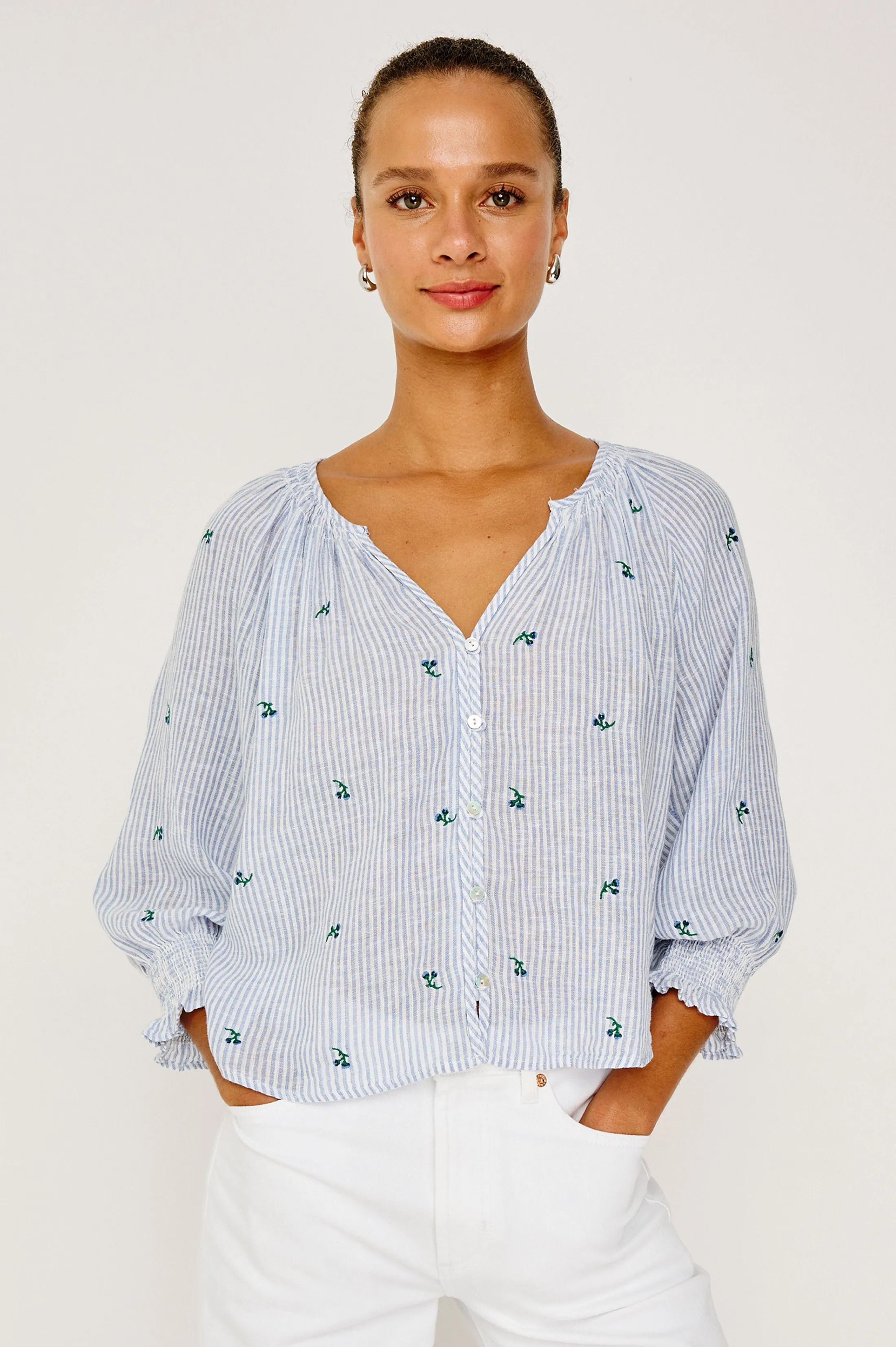 MARIAH TOP - BLUEBELL EMBROIDERED STRIPE sold by Rails