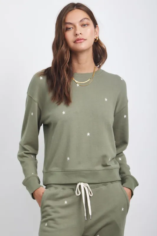 RAMONA SWEATSHIRT - OLIVE EMBROIDERED IVORY STARS sold by Rails