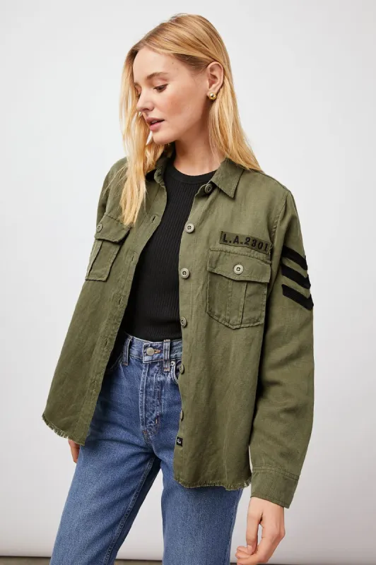 LOREN SHIRT JACKET - OLIVE BLACK MILITARY SATIN PATCHES made by Rails