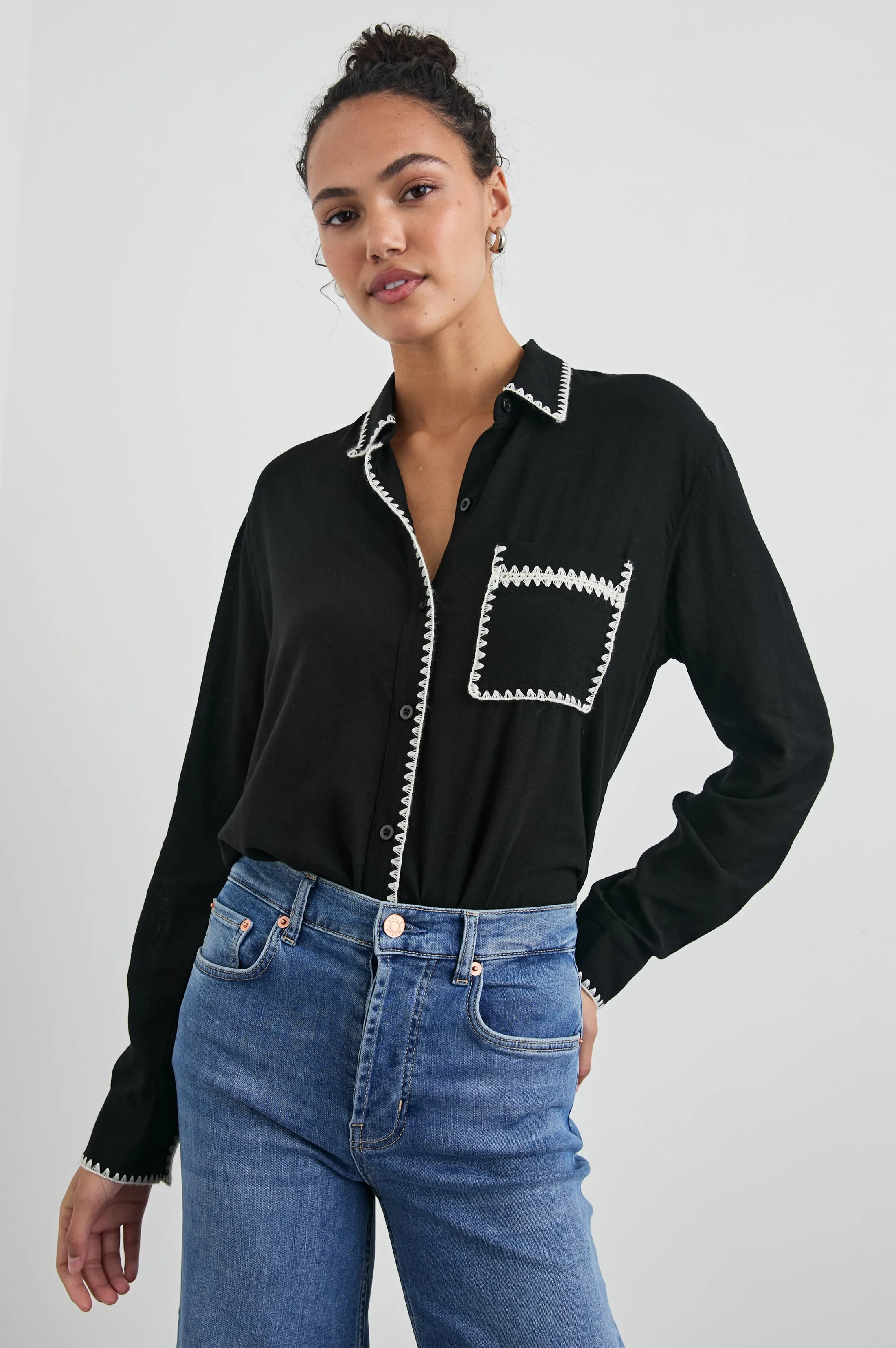 CHARLI SHIRT - BLACK BLANKET STITCH sold by Rails