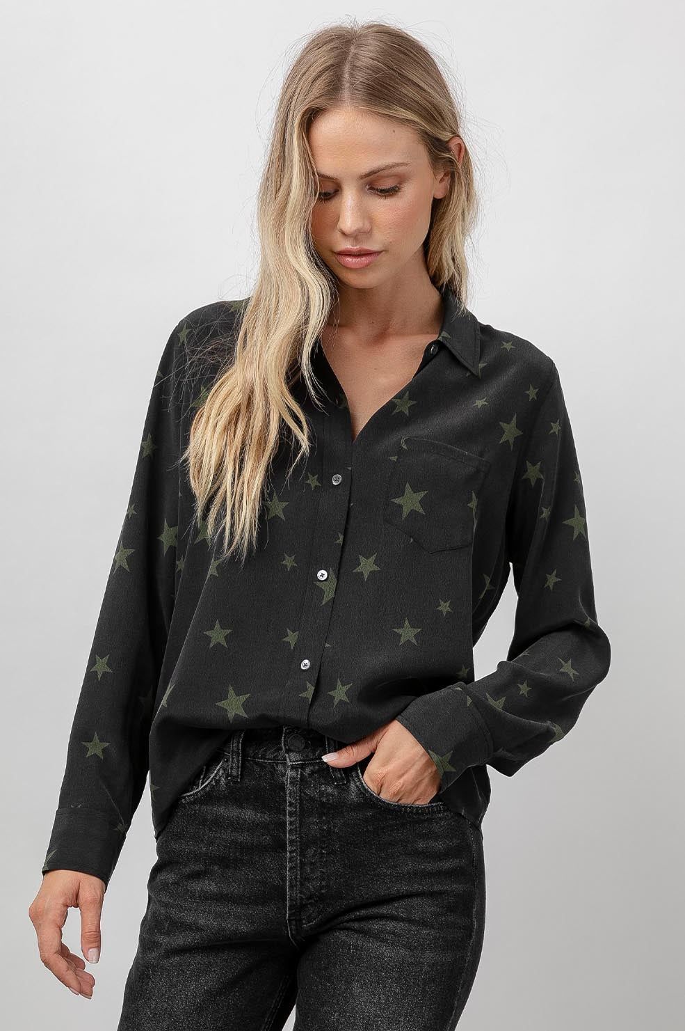 KATE SHIRT - SILK BLACK OLIVE STARS sold by Rails