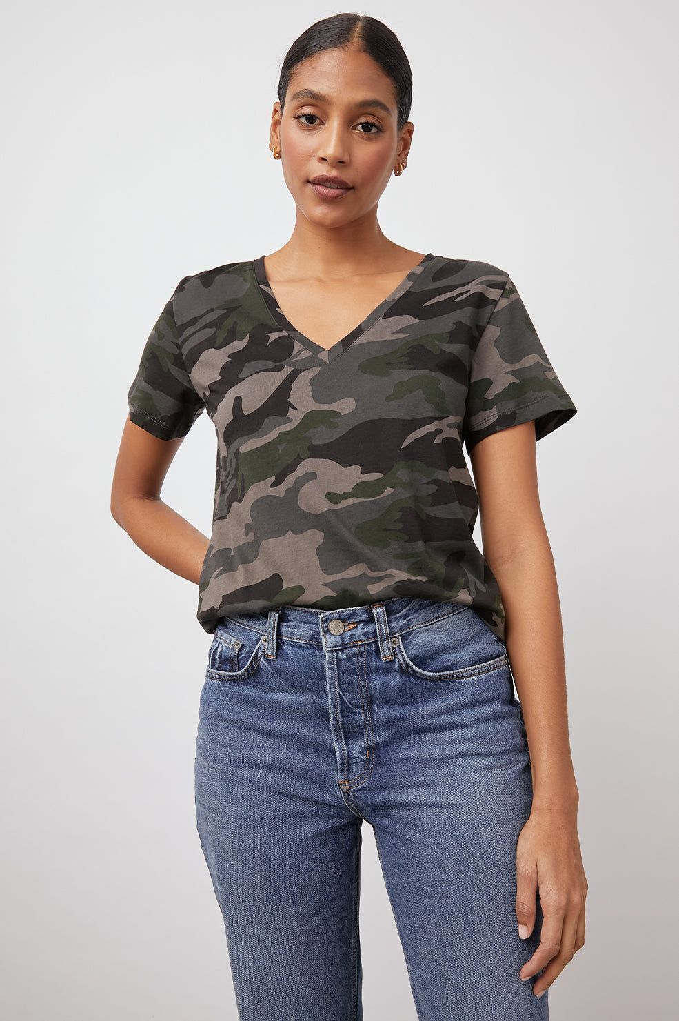 THE CARA V NECK T-SHIRT - FOREST CAMO sold by Rails