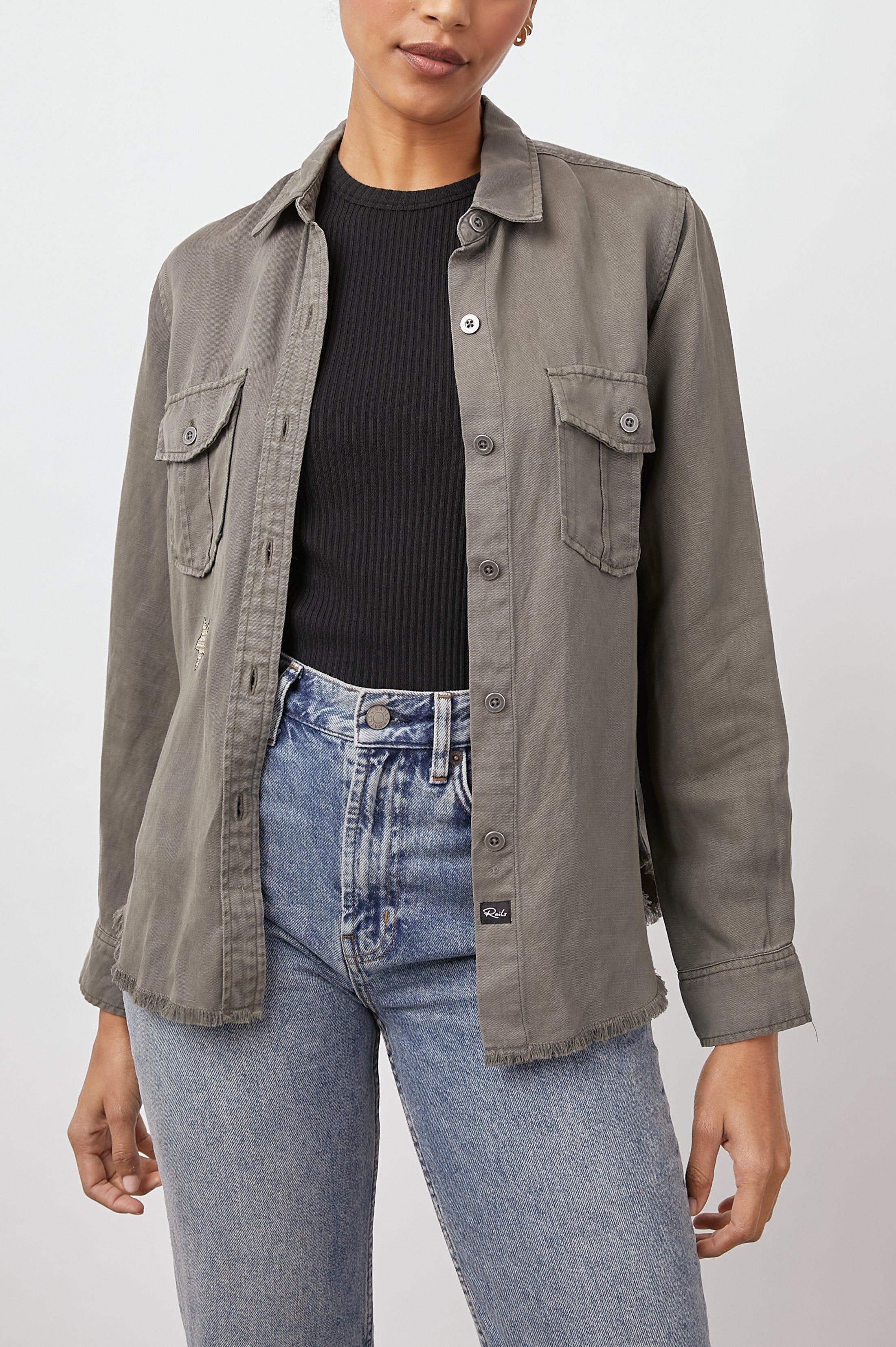 LOREN SHIRT JACKET - OLIVE GOLD STAR EMBROIDERY sold by Rails