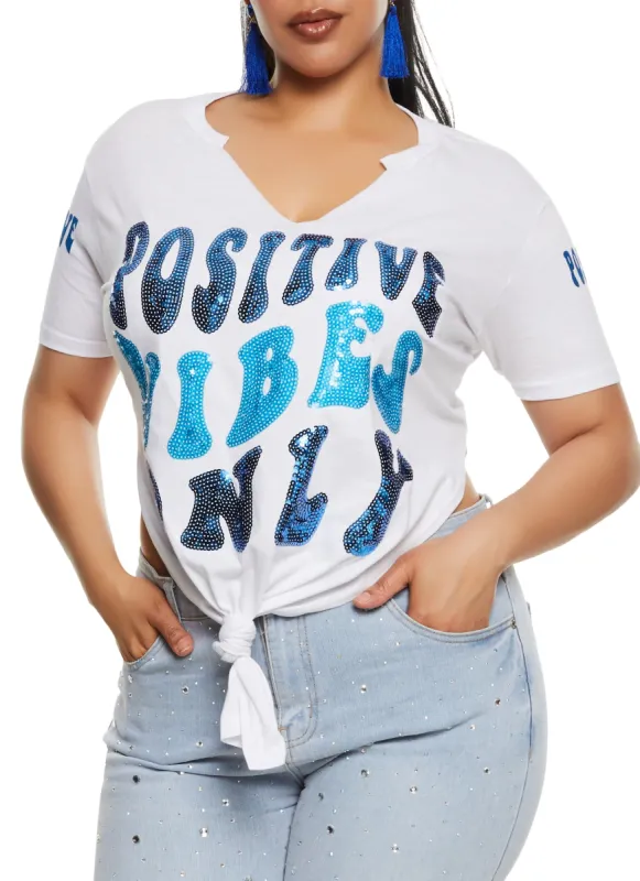 Plus Size Positive Vibes Only Sequin Top sold by Rainbow