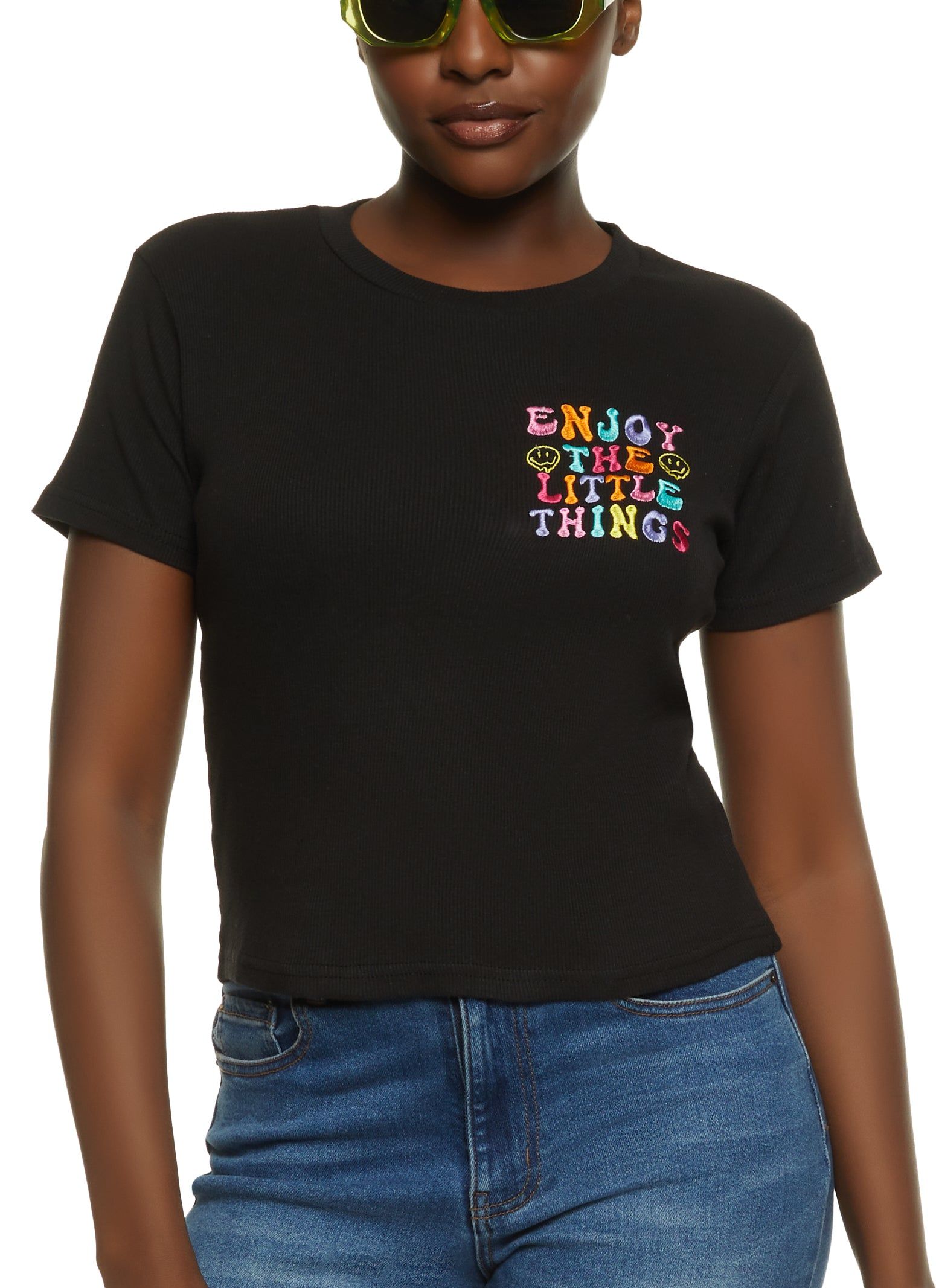 Enjoy The Little Things Rainbow Embroidered Graphic Tee sold by Rainbow