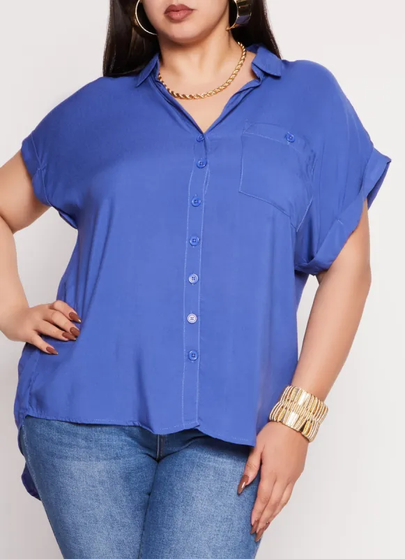 Plus Size Cuffed Sleeve Button Front Shirt sold by Rainbow