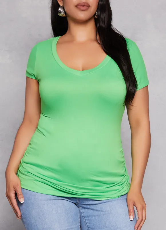 Plus Size Basic V Neck Ruched Side Tee sold by Rainbow