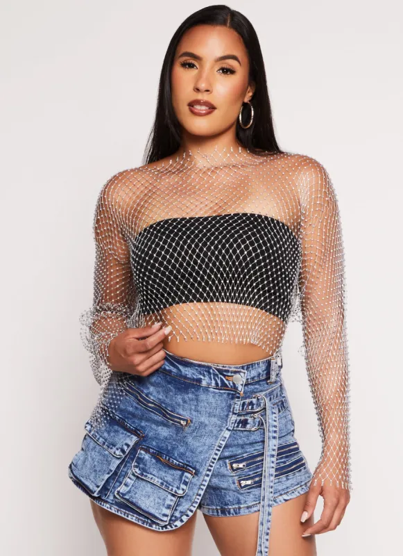 Rhinestone Fishnet Crop Top sold by Rainbow