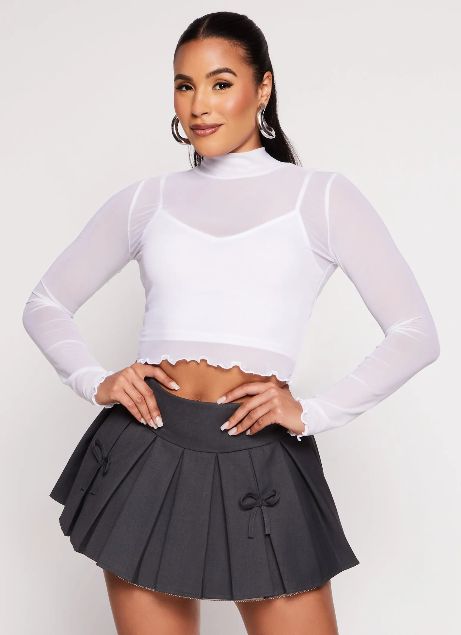 Mesh Mock Neck Lettuce Edge Crop Top sold by Rainbow