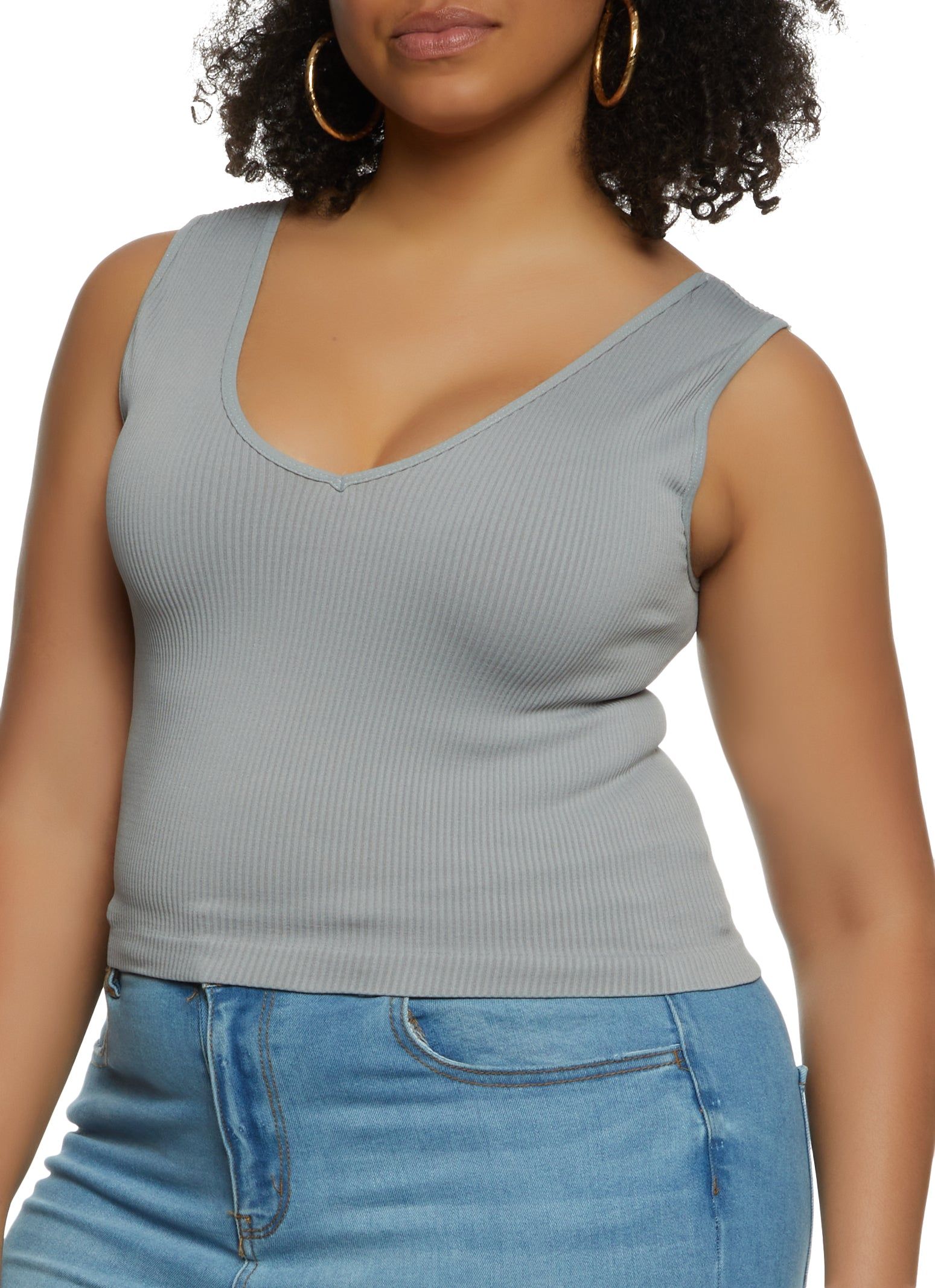 Plus Size Ribbed V Neck Tank Top sold by Rainbow