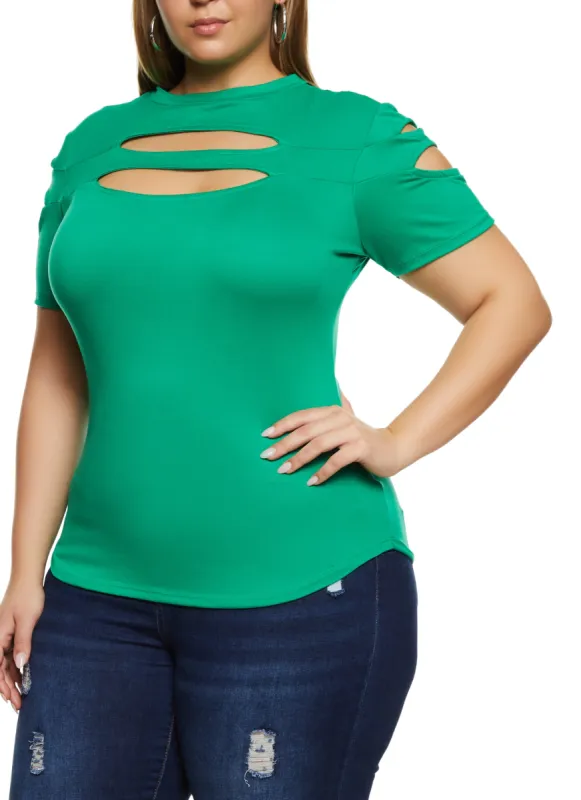 Plus Size Cut Out Crew Neck T Shirt sold by Rainbow