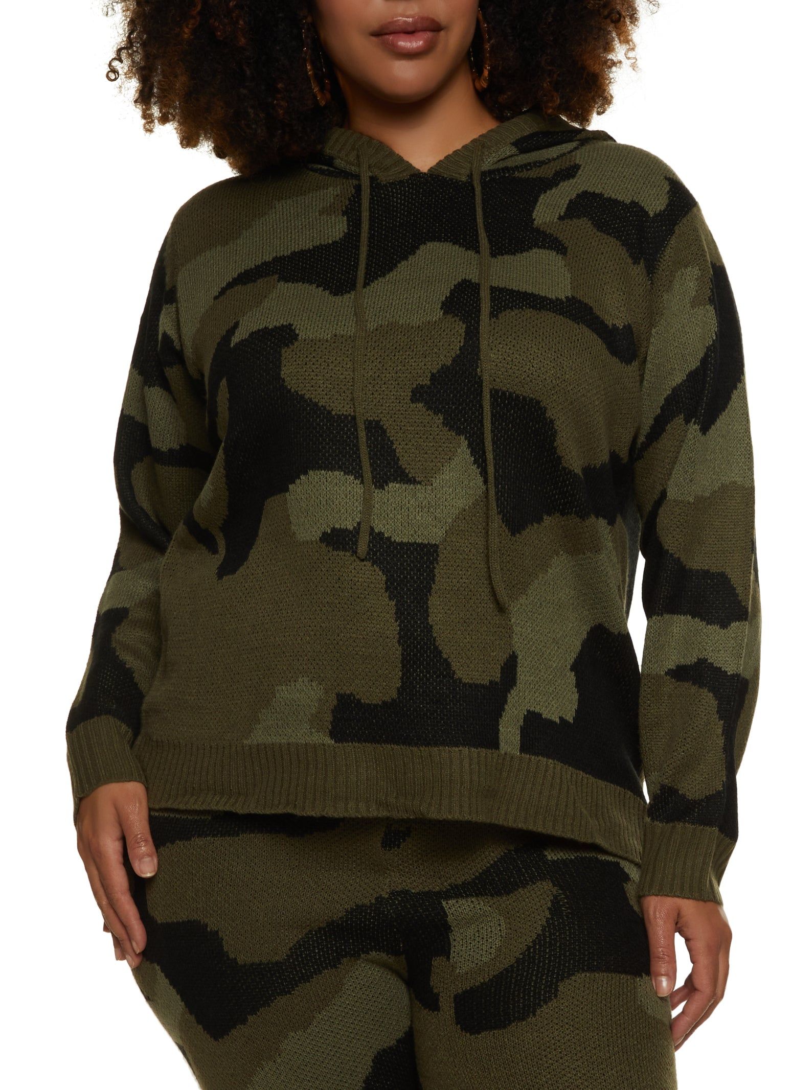 Plus Size Camo Knit Pullover Hoodie sold by Rainbow