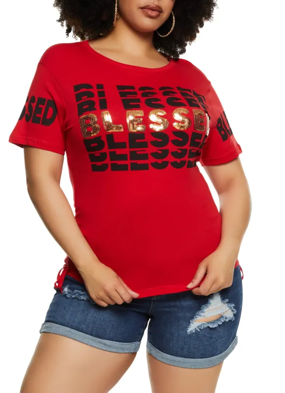 Plus Size Sequin Blessed Graphic T Shirt sold by Rainbow