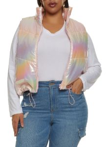 Plus Size Iridescent Zip Front Puffer Vest sold by Rainbow