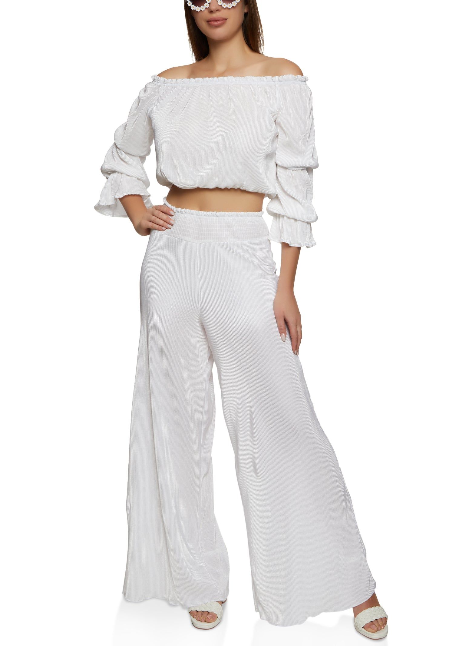 Off the Shoulder Top and Smocked Waist Palazzo Pants sold by Rainbow