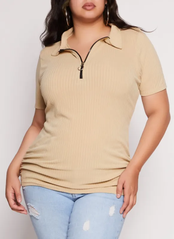 Plus Size Ruched Half Zip Polo Shirt sold by Rainbow