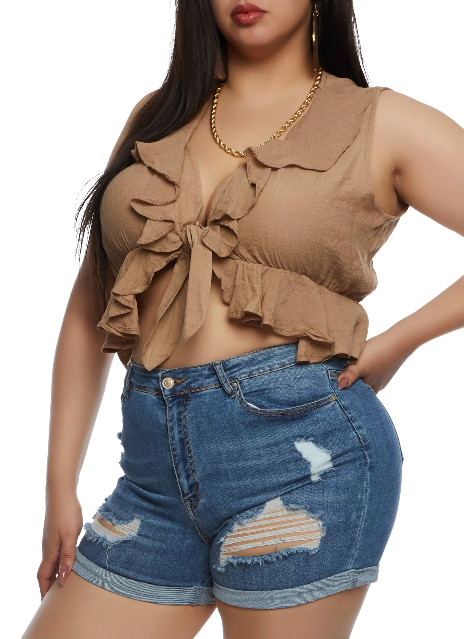 Plus Size Gauze Knit Ruffled Tie Front Crop Top sold by Rainbow product image thumbnail 2