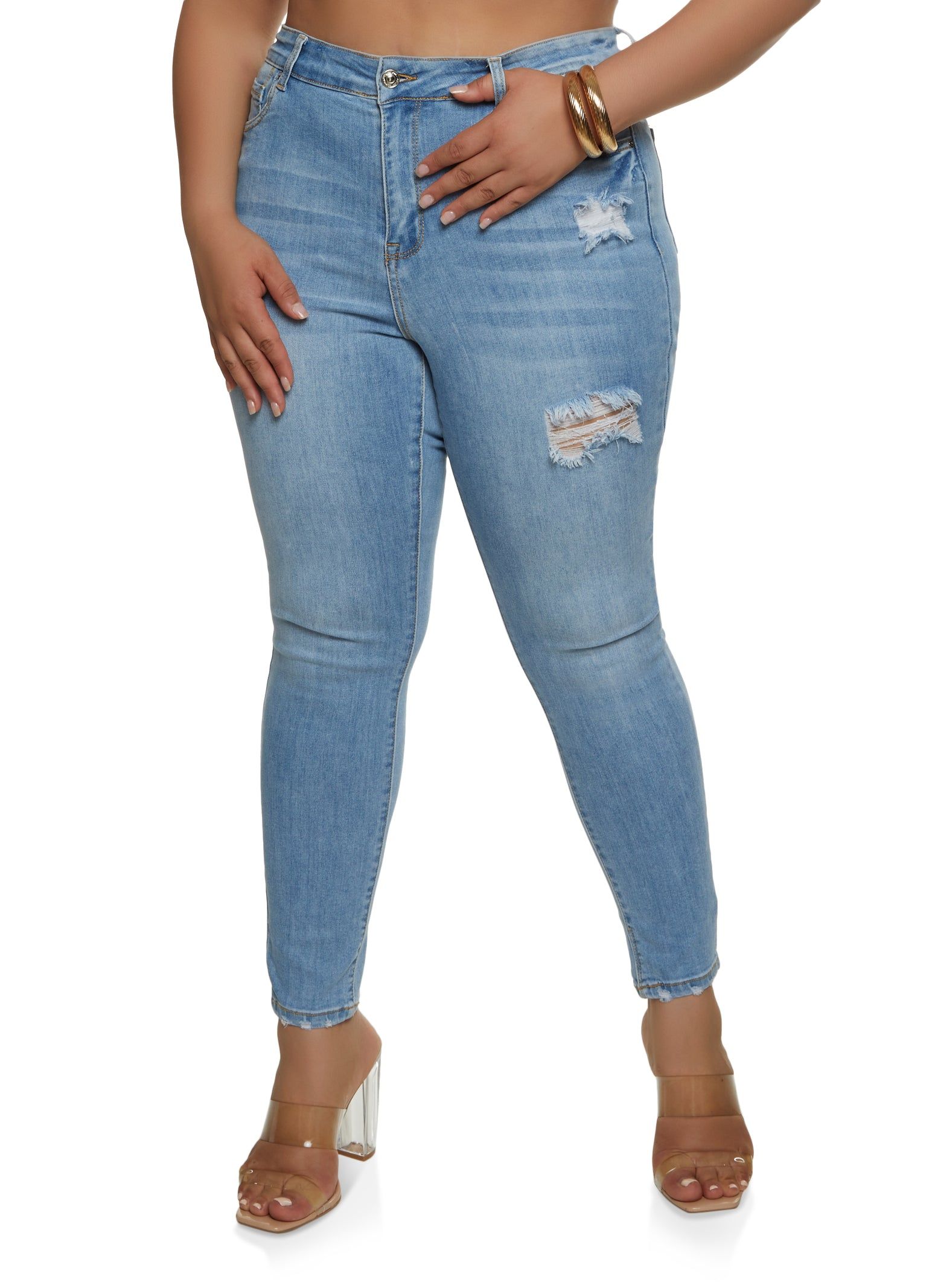 Plus Size WAX Distressed High Rise Skinny Jeans sold by Rainbow