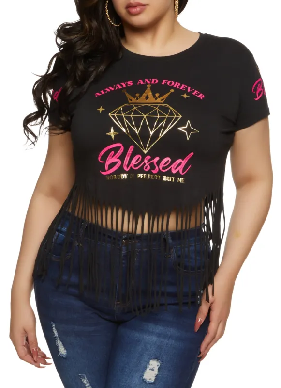 Plus Size Always And Forever Blessed Graphic Fringe Tee sold by Rainbow