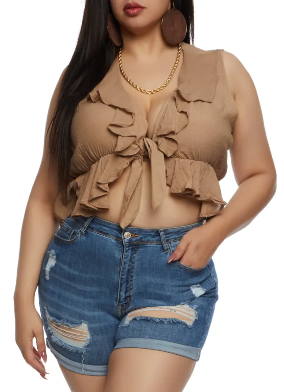 Plus Size Gauze Knit Ruffled Tie Front Crop Top sold by Rainbow