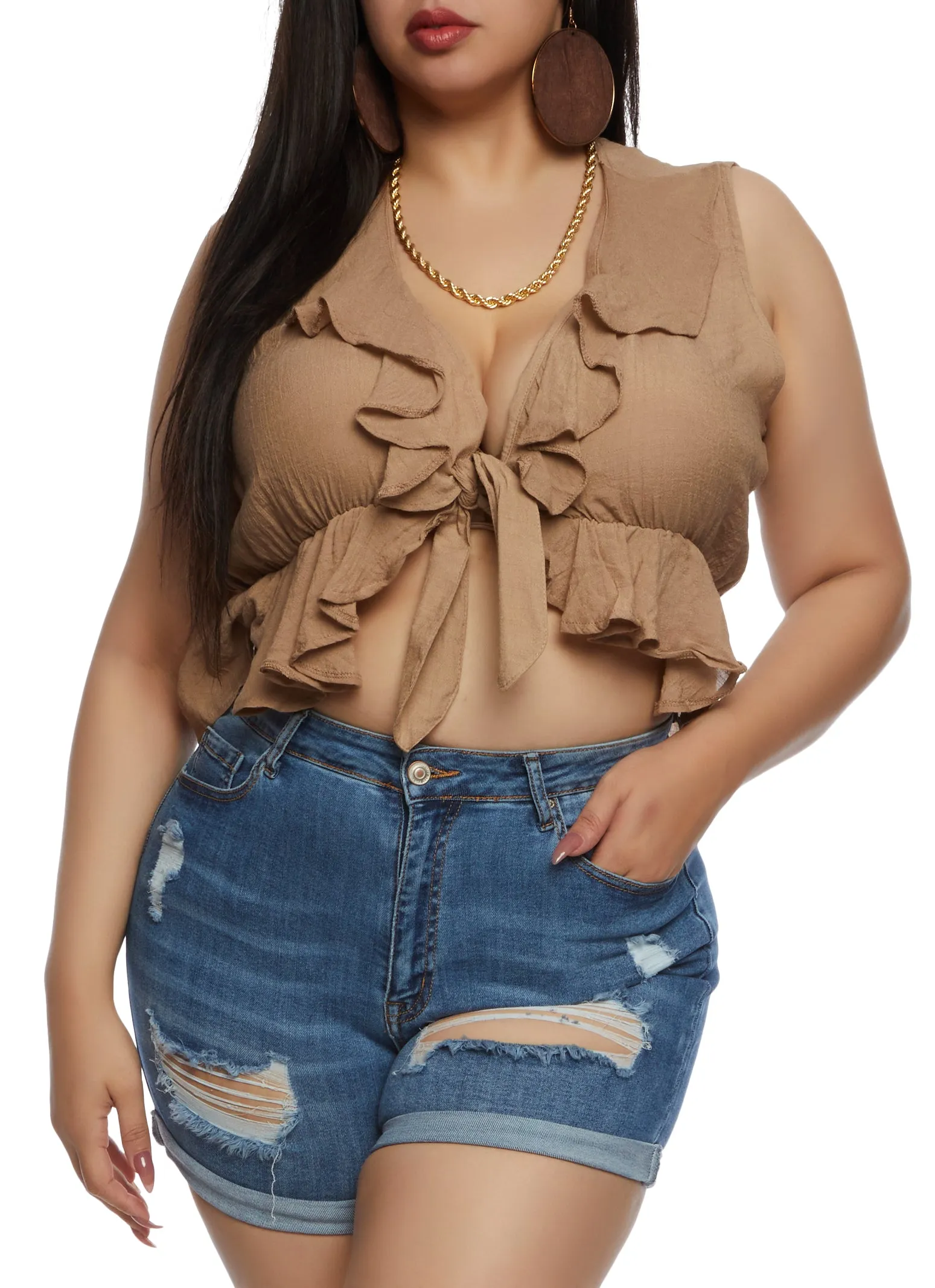 Plus Size Gauze Knit Ruffled Tie Front Crop Top sold by Rainbow
