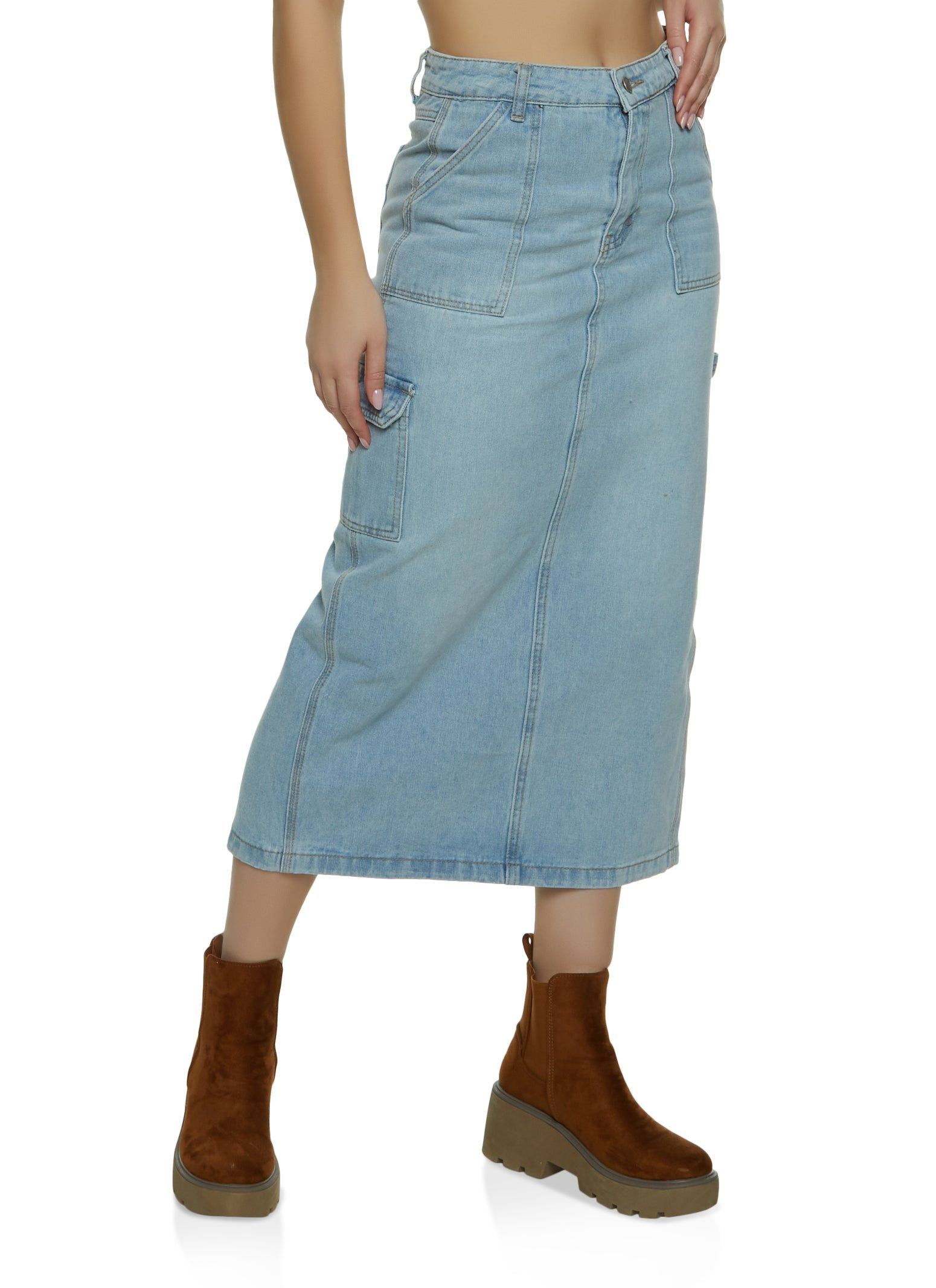 Denim Cargo Maxi Skirt sold by Rainbow