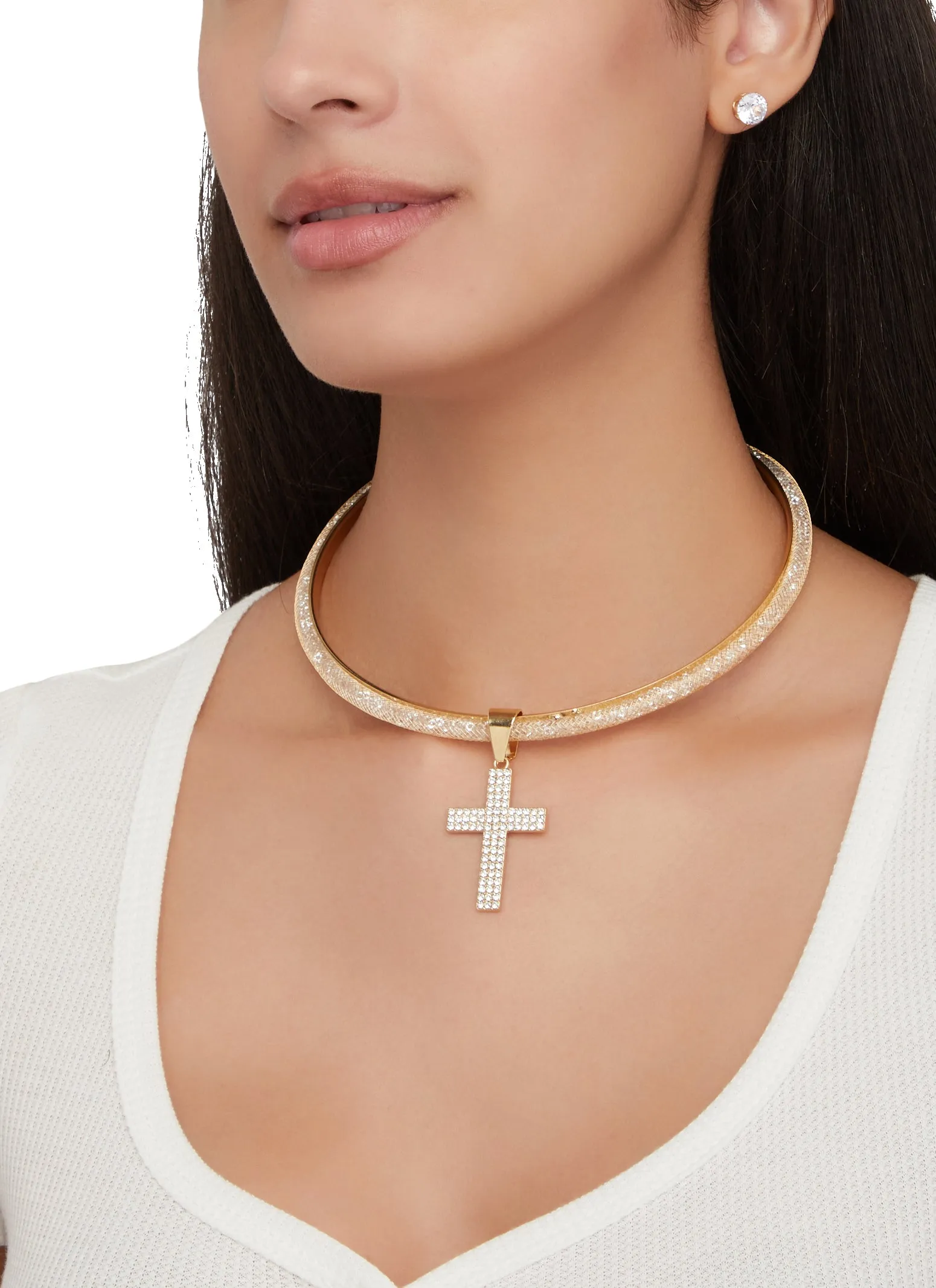 Rhinestone Cross Collar Necklace with Stud Earring Trio Set sold by Rainbow product image thumbnail 2
