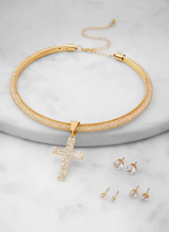 Rhinestone Cross Collar Necklace with Stud Earring Trio Set sold by Rainbow